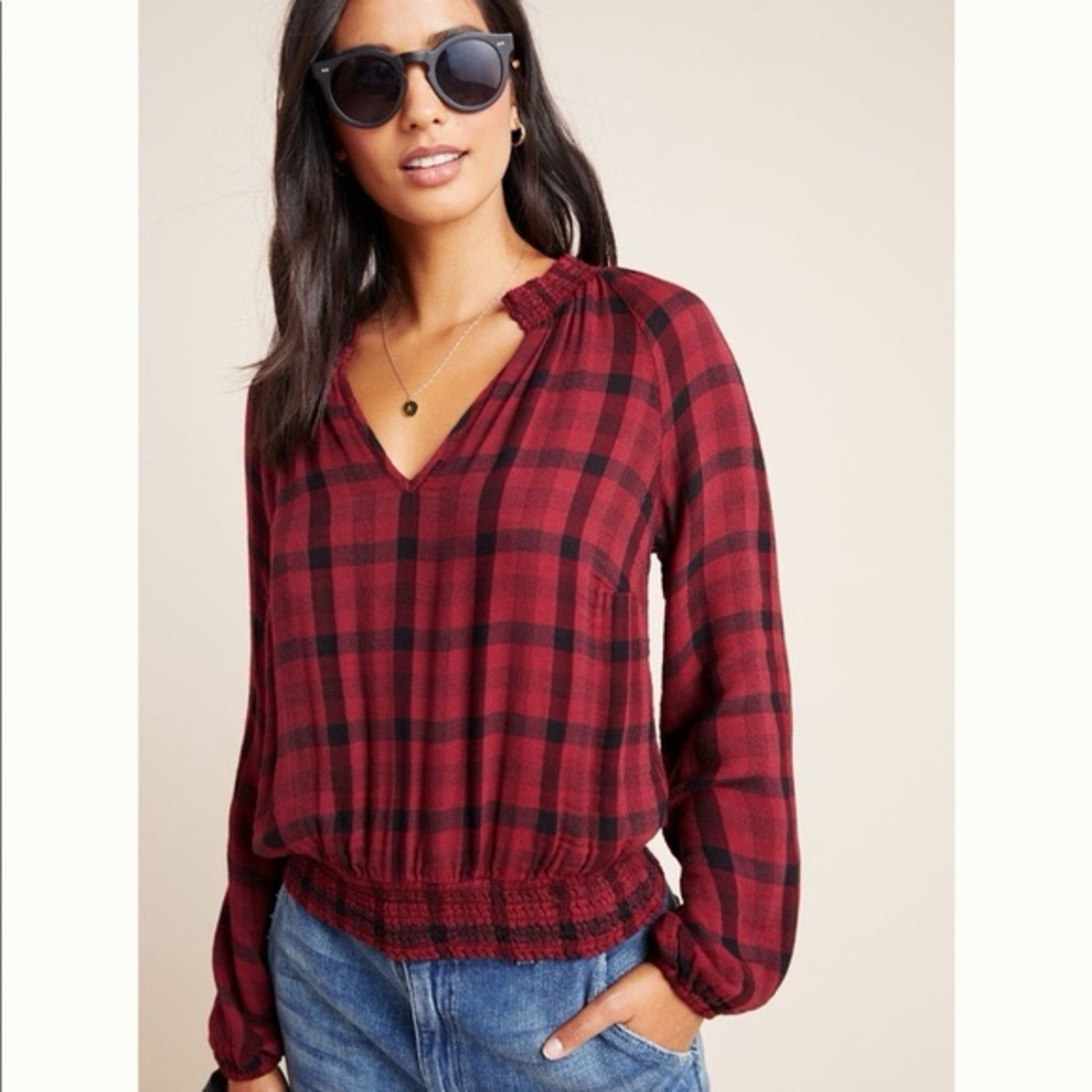 Cloth & Stone Sara buffalo check plaid v-neck top M red black Cabincore Rustic